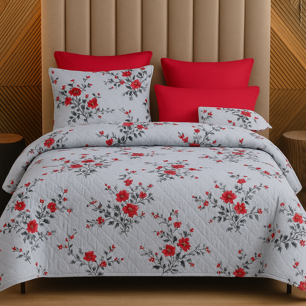 100% Cotton Super King Size Bedsheet 108x108 | Soft 250 TC Fabric | White & Red Floral Printed Bed Sheet with 2 Pillow Covers
