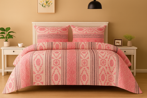 100% Pure Cotton Bedsheet Super King Size 108x108 | 250 TC Soft & Breathable Fabric | Pink Geometric Design with 2 Pillow Covers