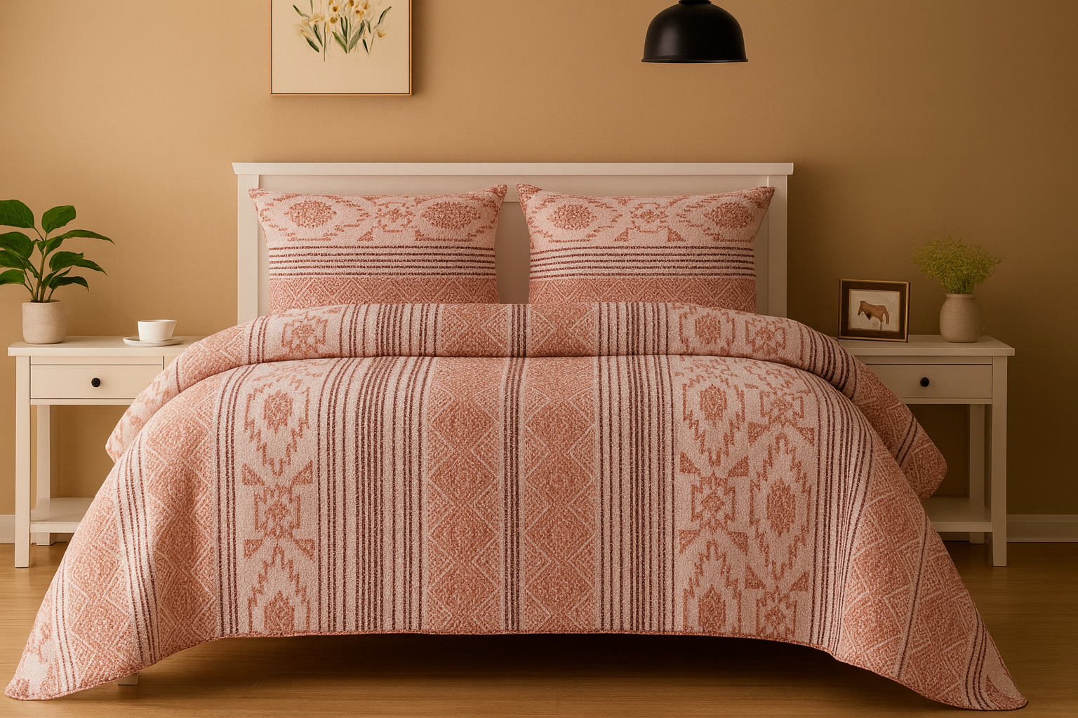 100% Pure Cotton Bedsheet Super King Size 108x108 | Soft 250 TC Fabric | Pink Geometric Pattern Bed Sheet with 2 Matching Pillow Covers