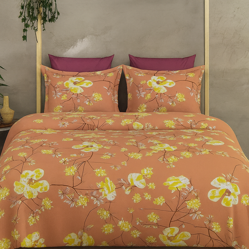 100% Cotton Super King Size Bedsheet 108x108 | 250 TC Soft Fabric | Peach & Yellow Floral Printed Bed Sheet with 2 Pillow Covers