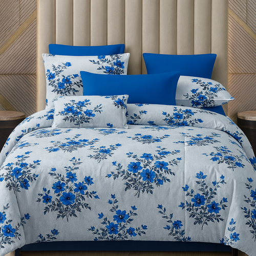 100% Cotton Super King Size Bedsheet 108x108 | 250 TC Soft Fabric | White & Blue Floral Printed Bed Sheet with 2 Pillow Covers